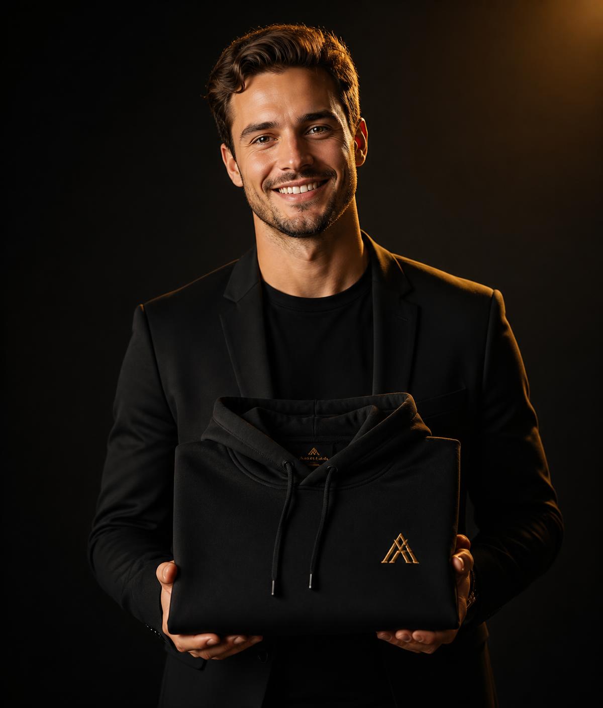 Team member holding a premium branded hoodie